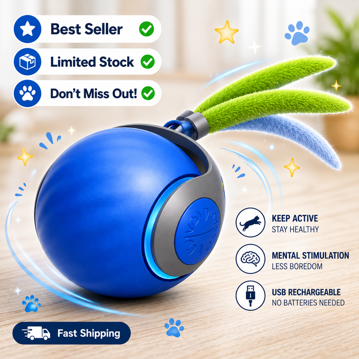 Interactive cat ball toy best seller badge and feature highlights