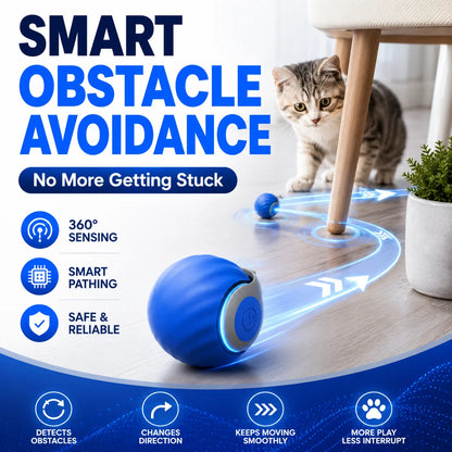 Interactive cat ball toy in use on a hardwood floor